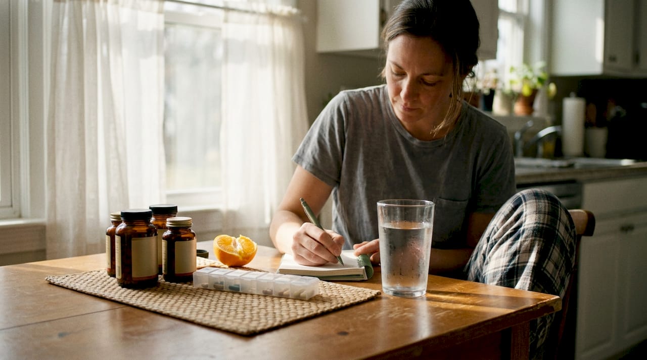 Woman sets daily mushroom supplements at kitchen table