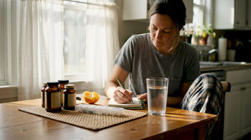 Woman sets daily mushroom supplements at kitchen table