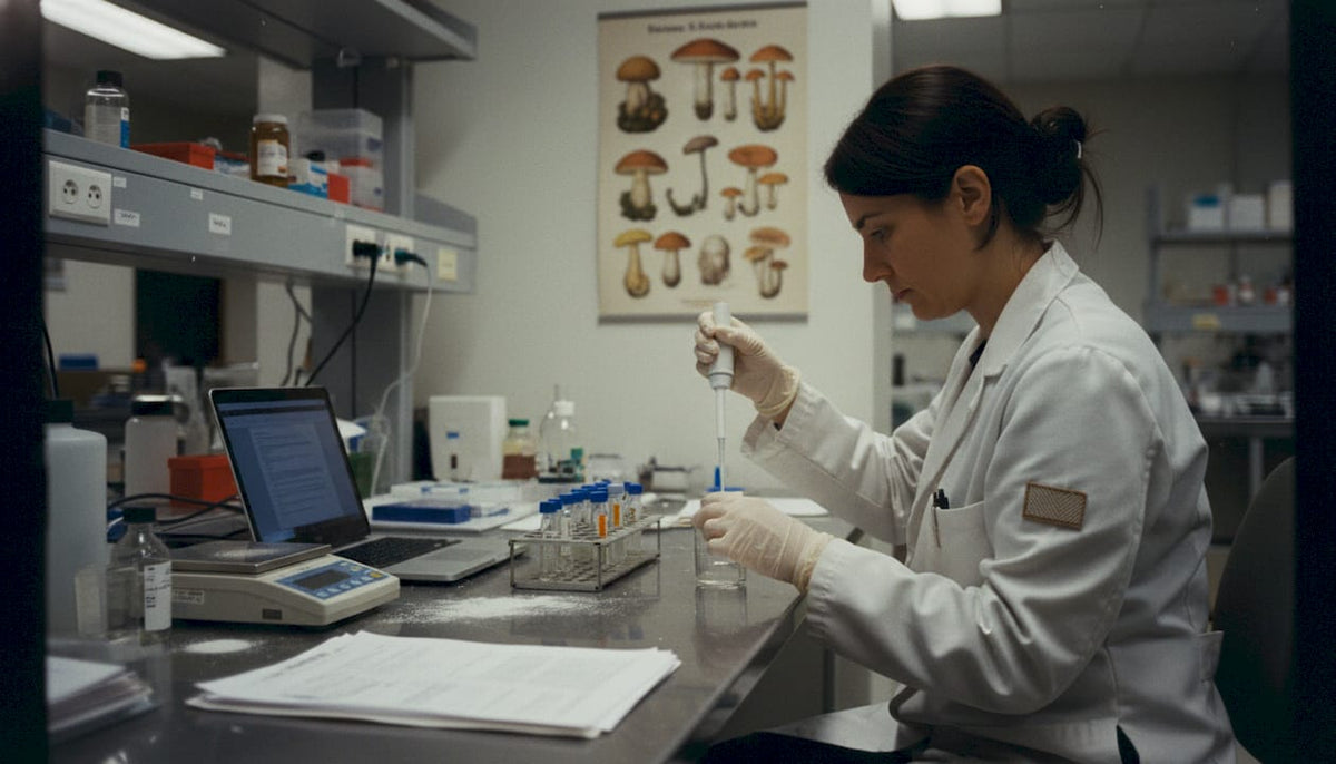 Lab technician testing mushroom extract samples