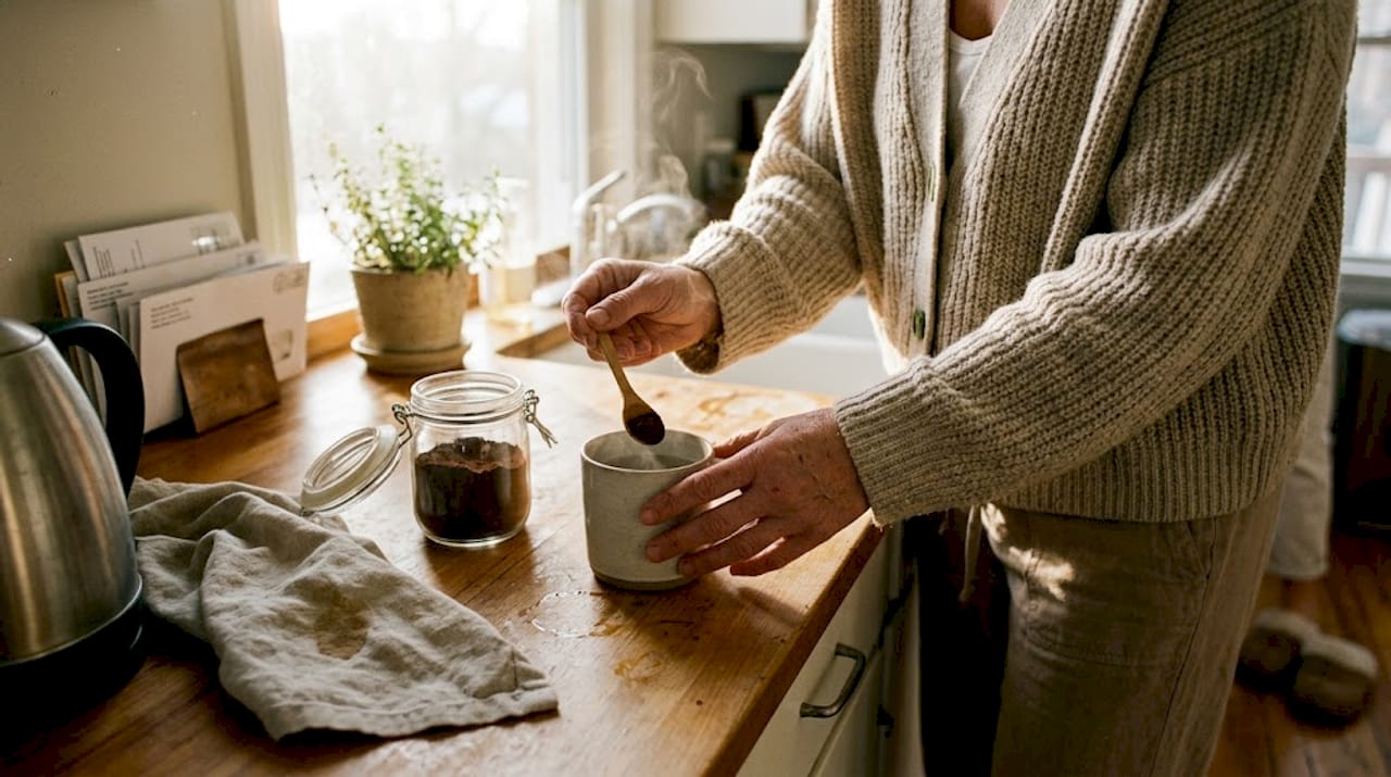 Woman mixing reishi powder in morning tea
