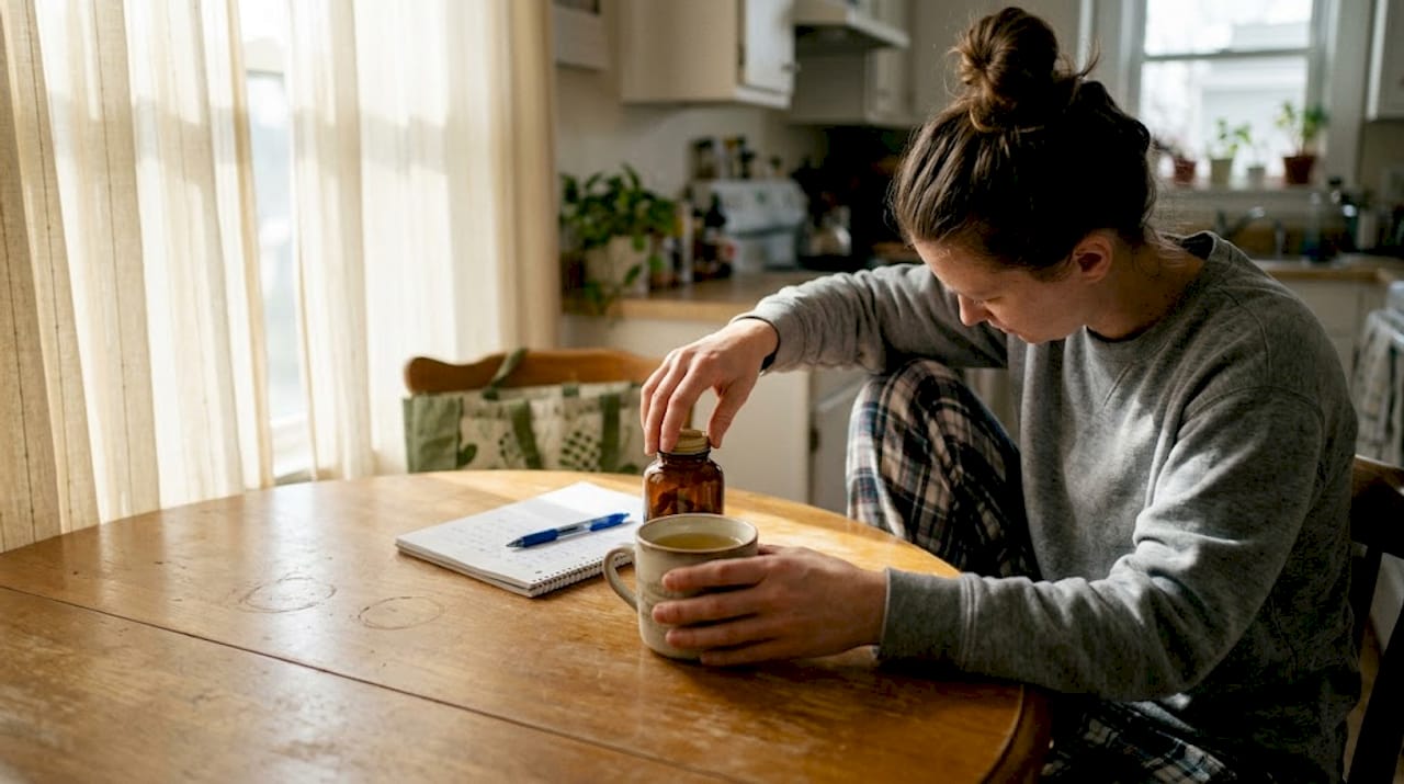 Woman opening reishi supplement at kitchen table