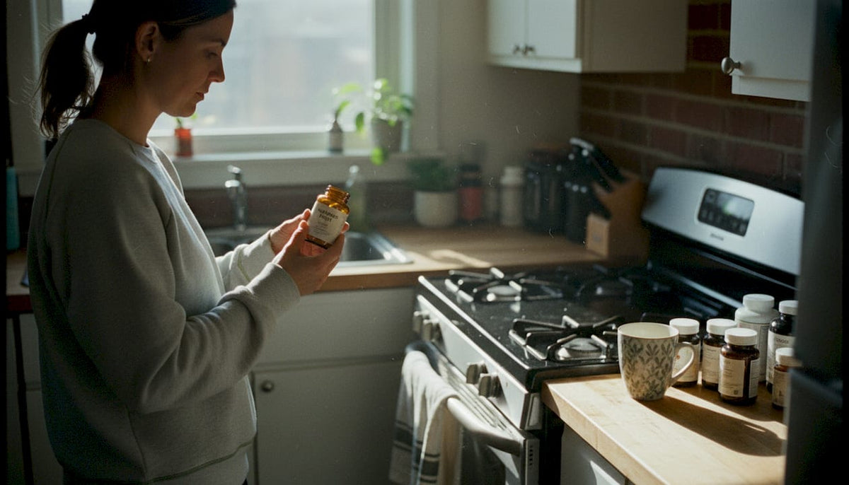Woman preparing functional mushroom supplement in kitchen