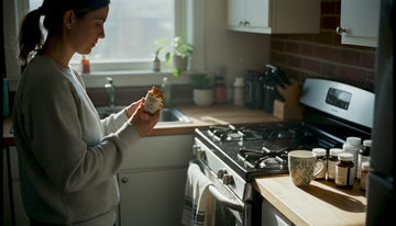 Woman preparing functional mushroom supplement in kitchen