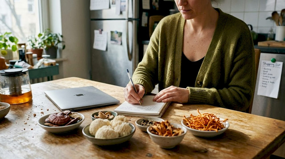 Woman sorting adaptogenic mushrooms at kitchen table