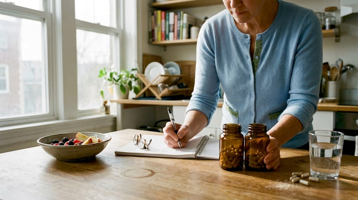 Nutritionist studying mushroom supplement jars
