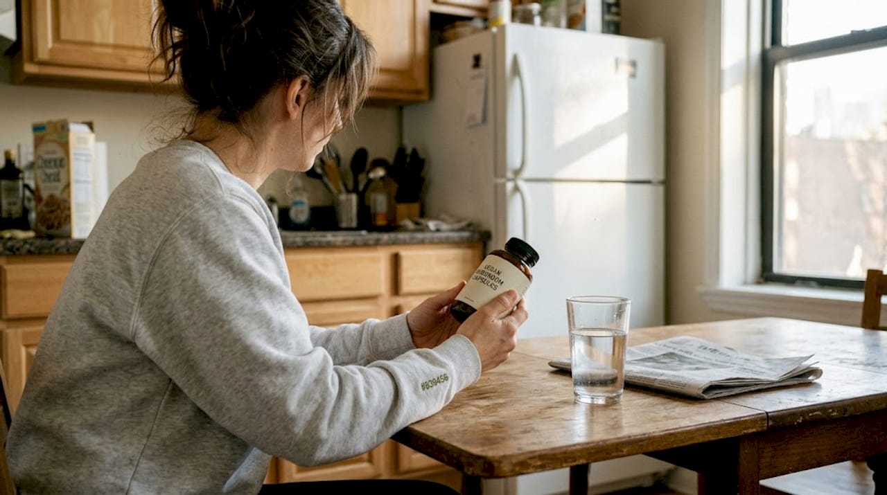 Woman examines vegan mushroom capsule bottle in kitchen