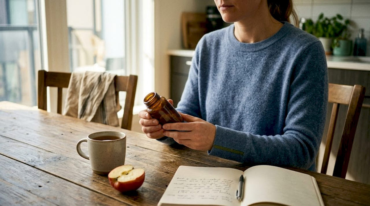 Woman reading mushroom supplement bottle at table