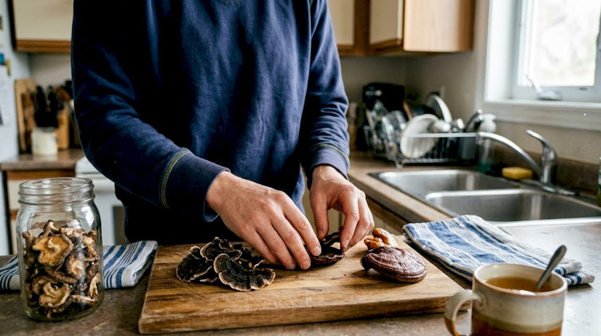 Sorting fresh reishi and turkey tail mushrooms