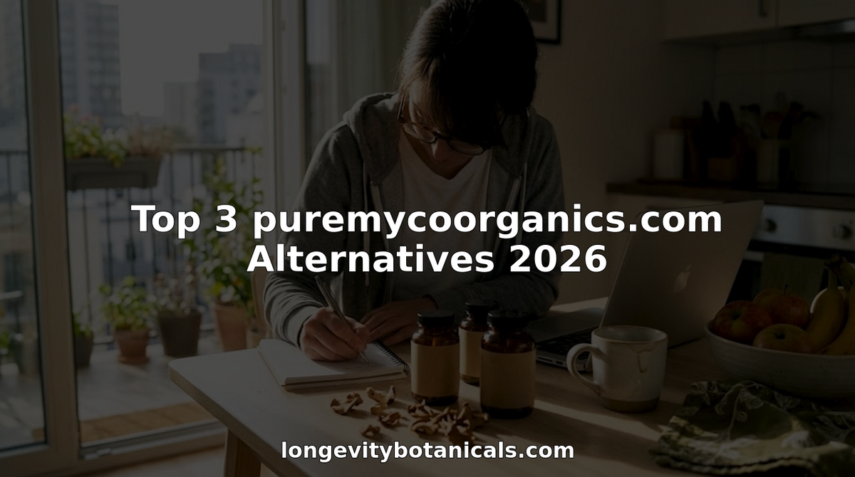 Woman comparing mushroom supplement bottles in kitchen
