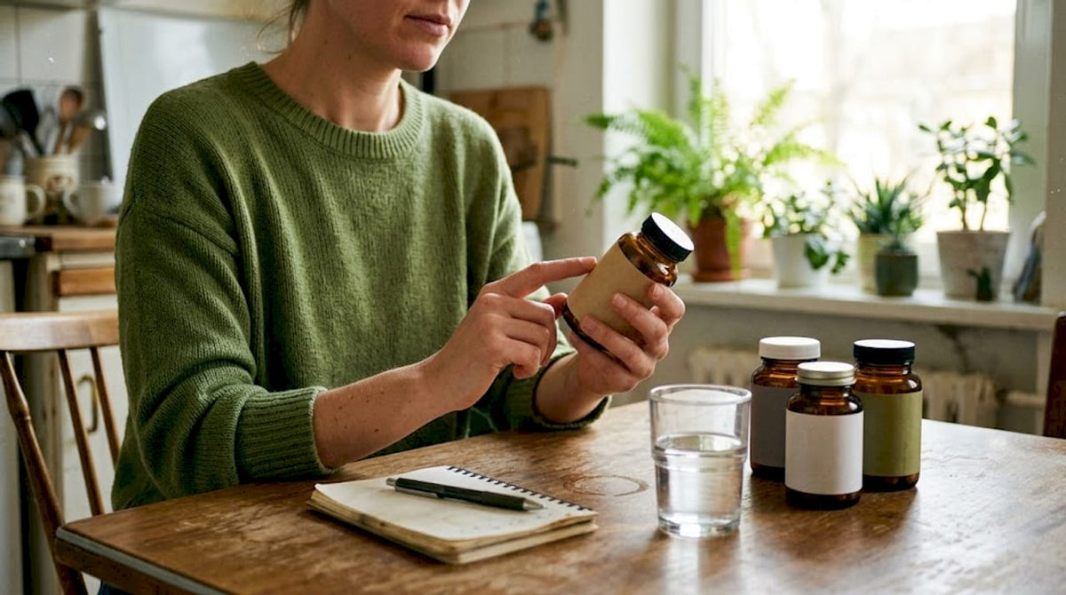 Woman reading mushroom supplement label in kitchen