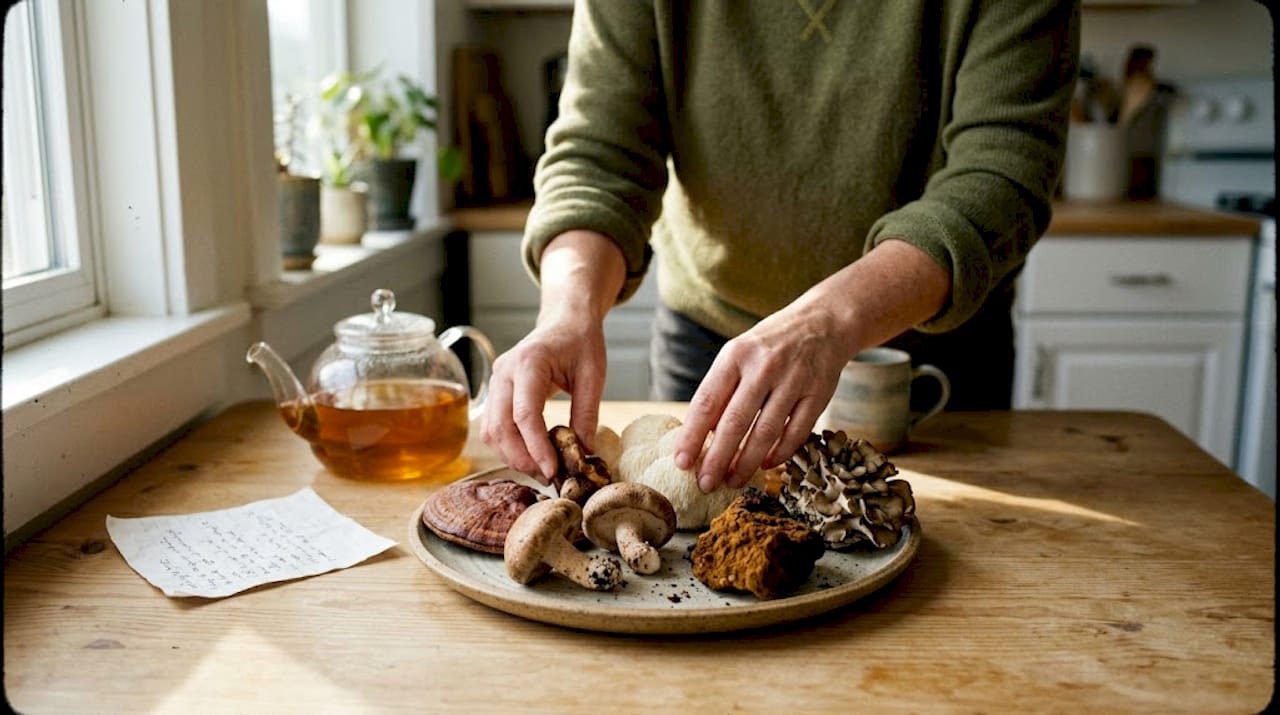 Woman arranging antioxidant mushrooms on table