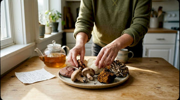 Woman arranging antioxidant mushrooms on table