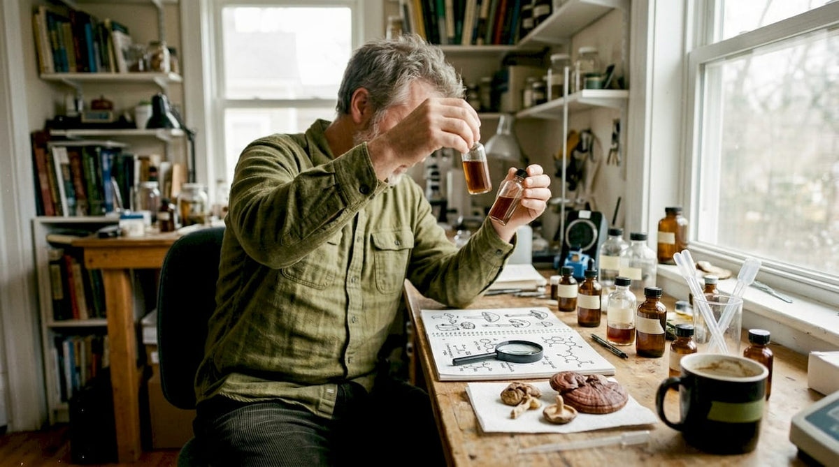 Scientist examining mushroom extracts at desk