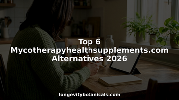 Woman comparing mushroom supplement bottles at kitchen table