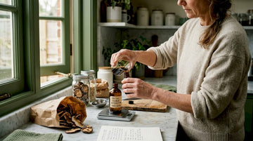 Woman preparing mushroom extract in kitchen