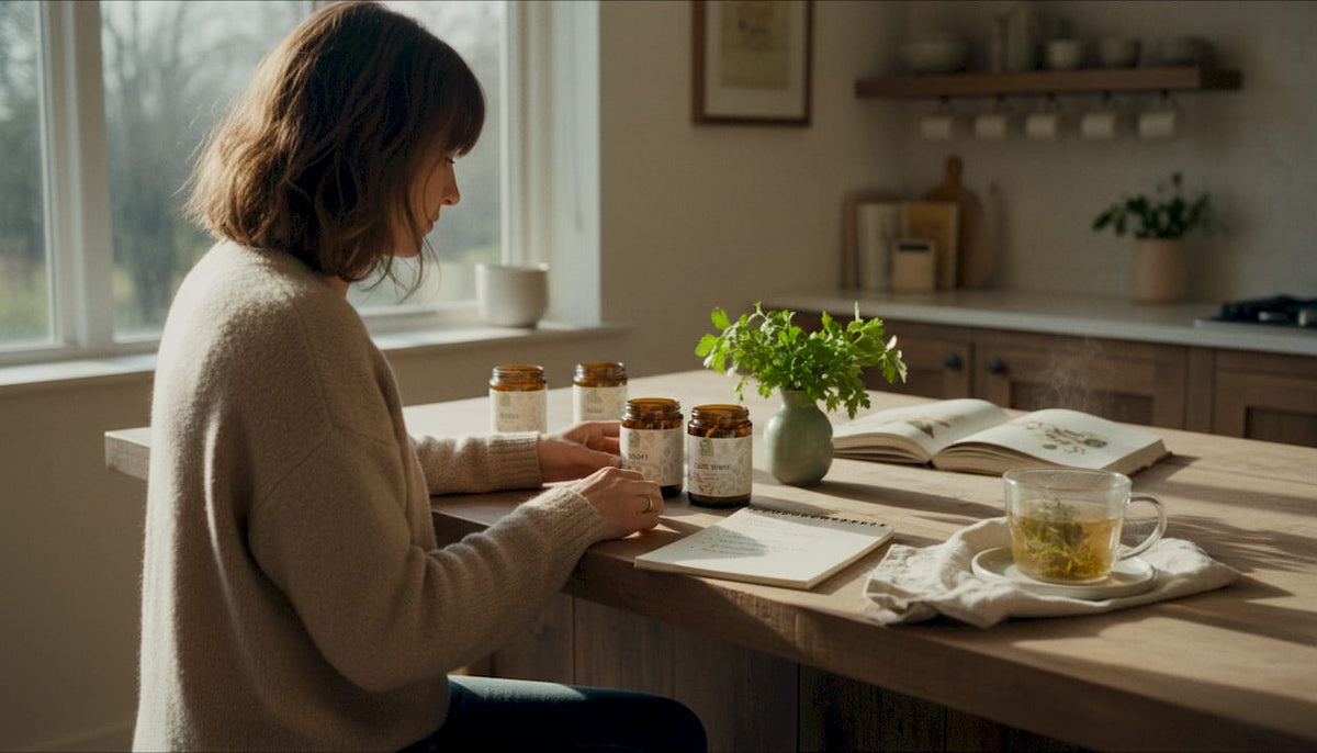 Woman organizing mushroom supplement jars in kitchen