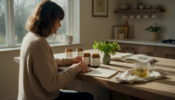 Woman organizing mushroom supplement jars in kitchen