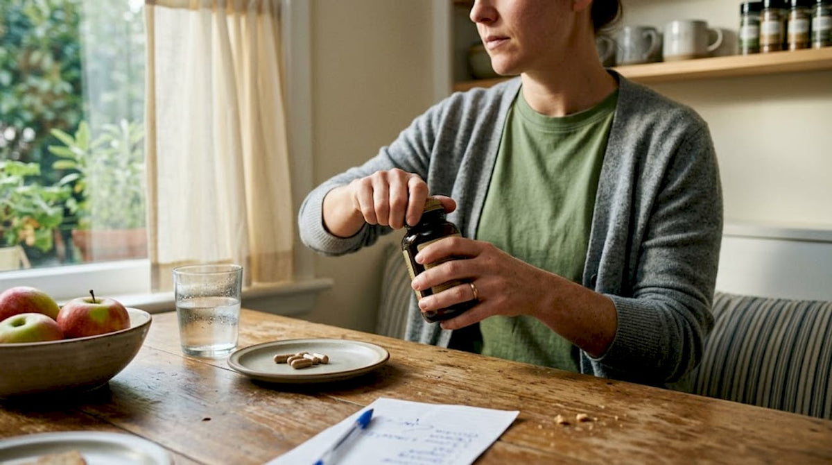 Woman opening mushroom supplement bottle at table