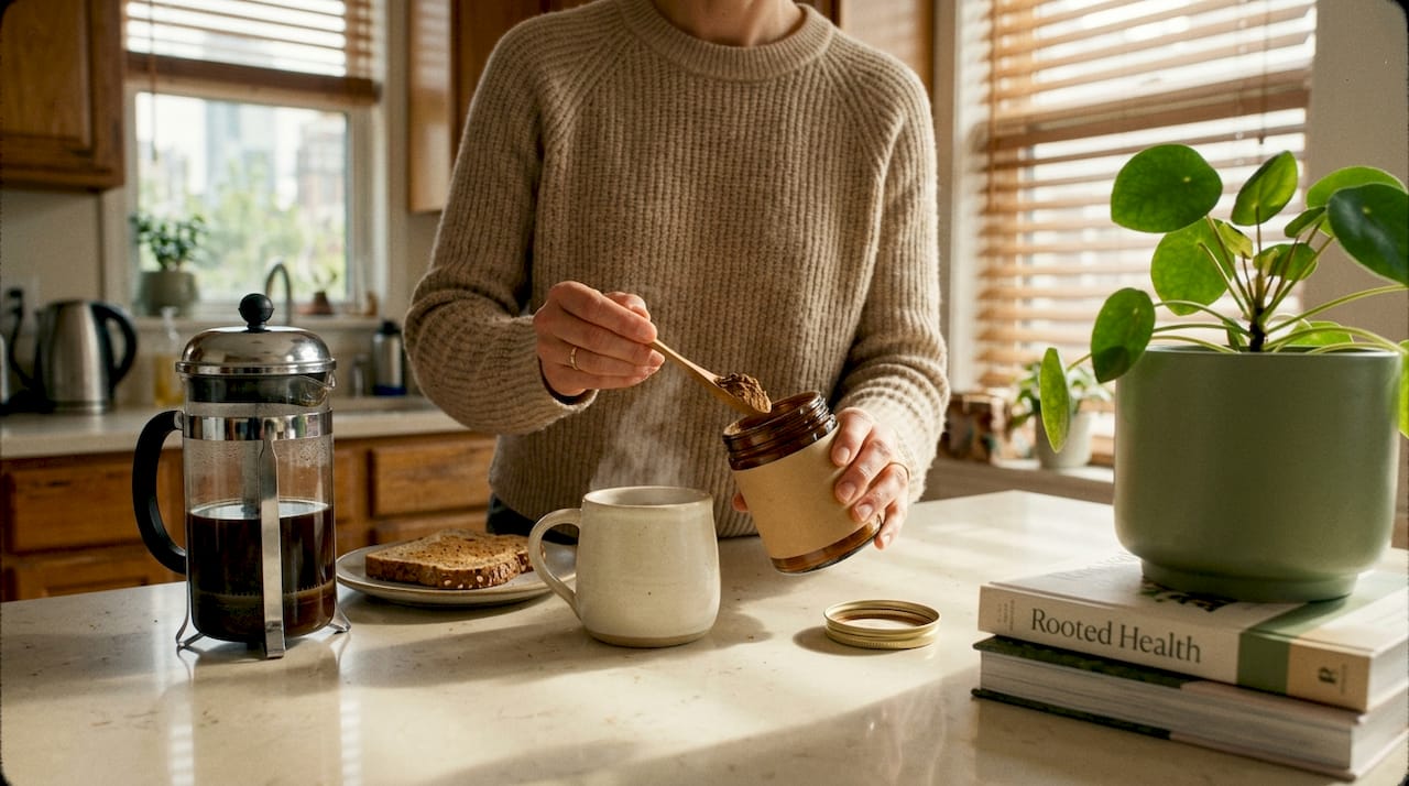 Woman blending mushroom powder in kitchen routine