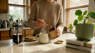 Woman blending mushroom powder in kitchen routine
