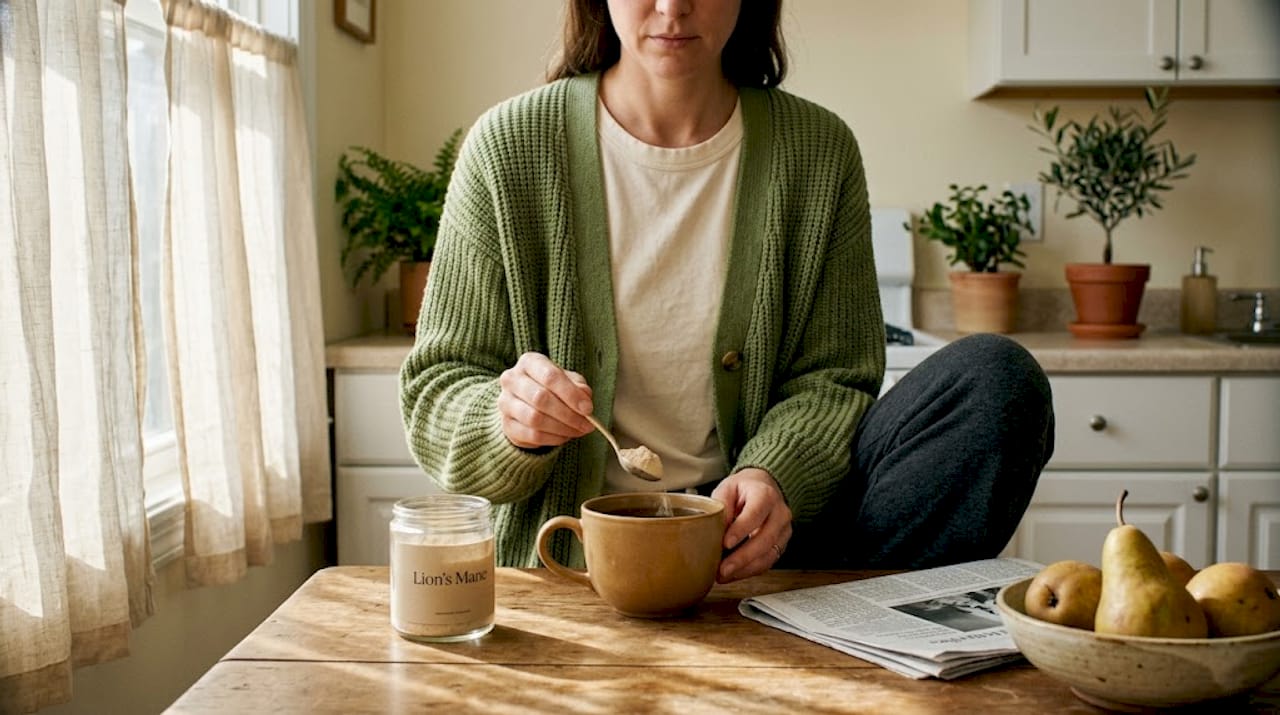 Woman adds mushroom powder to morning tea