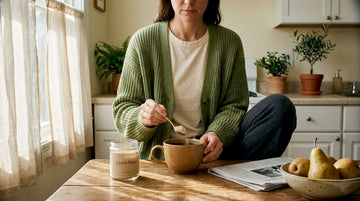 Woman adds mushroom powder to morning tea