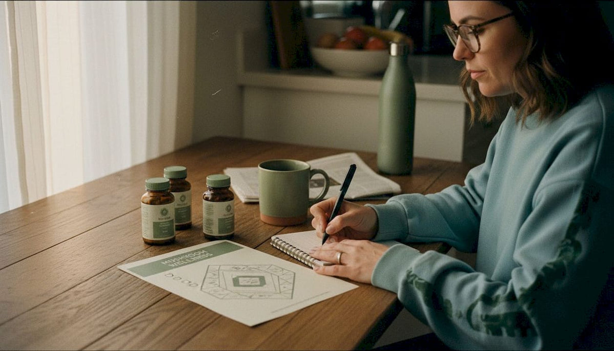 Woman reviewing mushroom wellness checklist at kitchen table