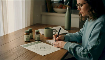 Woman reviewing mushroom wellness checklist at kitchen table