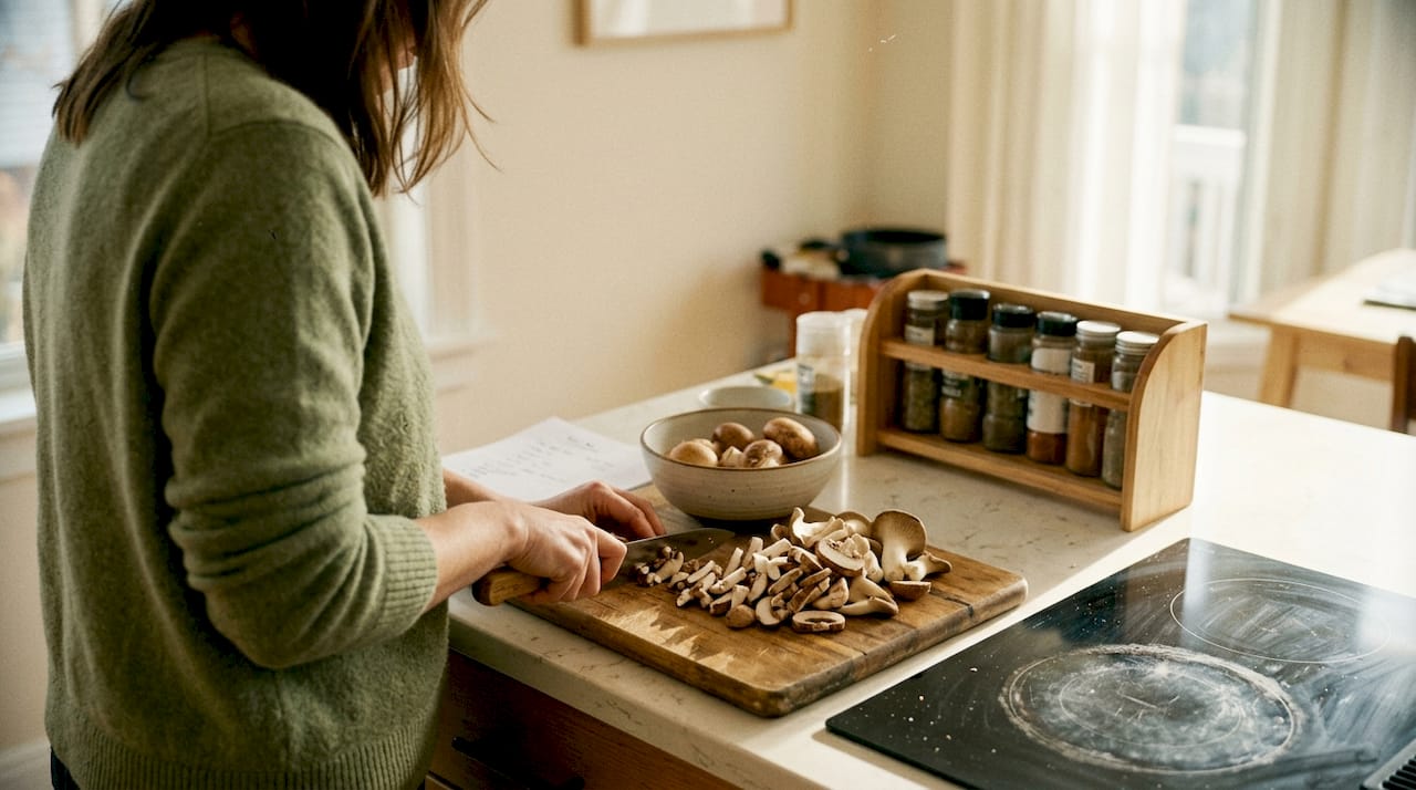 Woman preparing mushrooms in lively kitchen