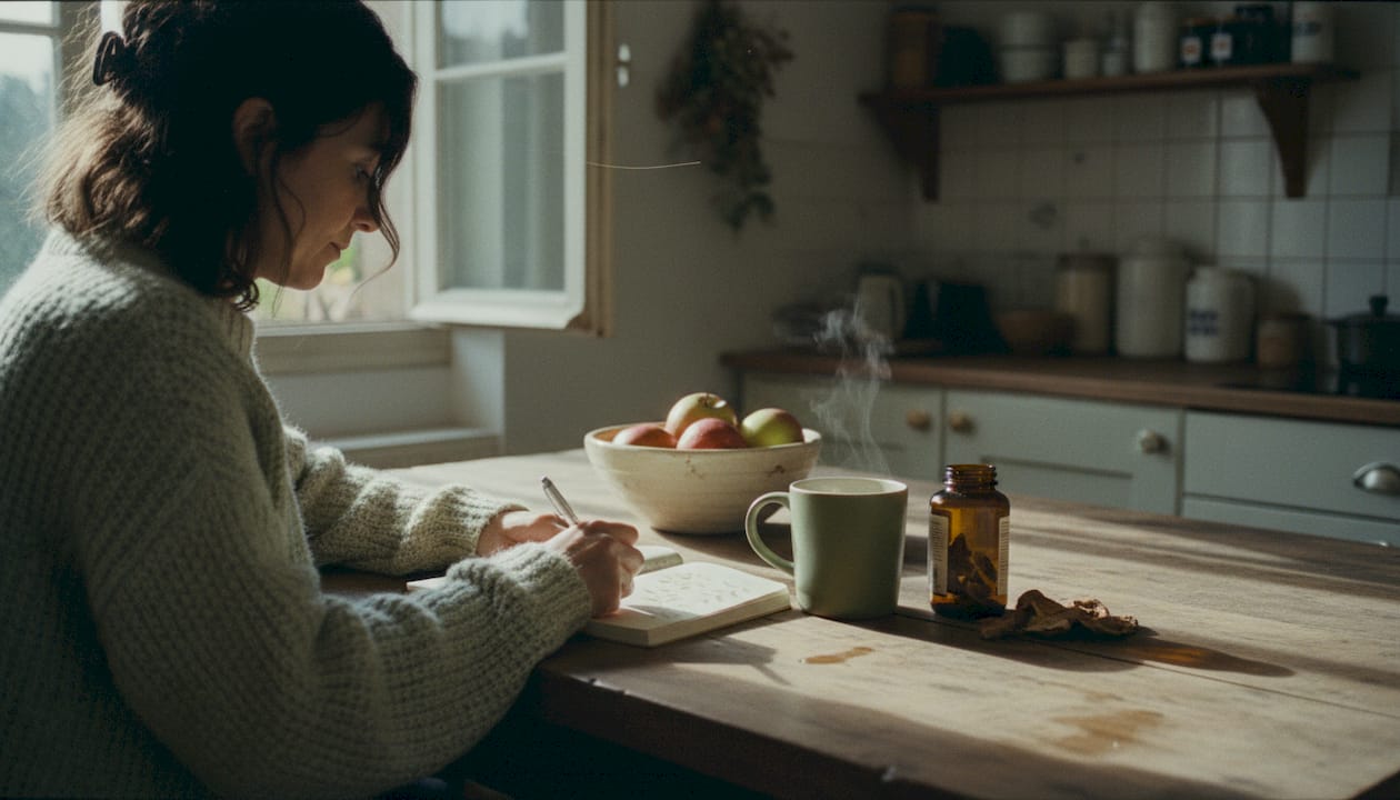 Woman journaling mushroom supplement experience in kitchen