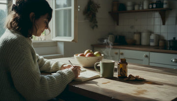 Woman journaling mushroom supplement experience in kitchen