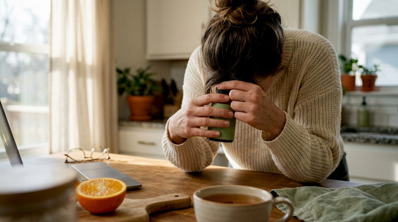 Woman reading mushroom supplement label in kitchen