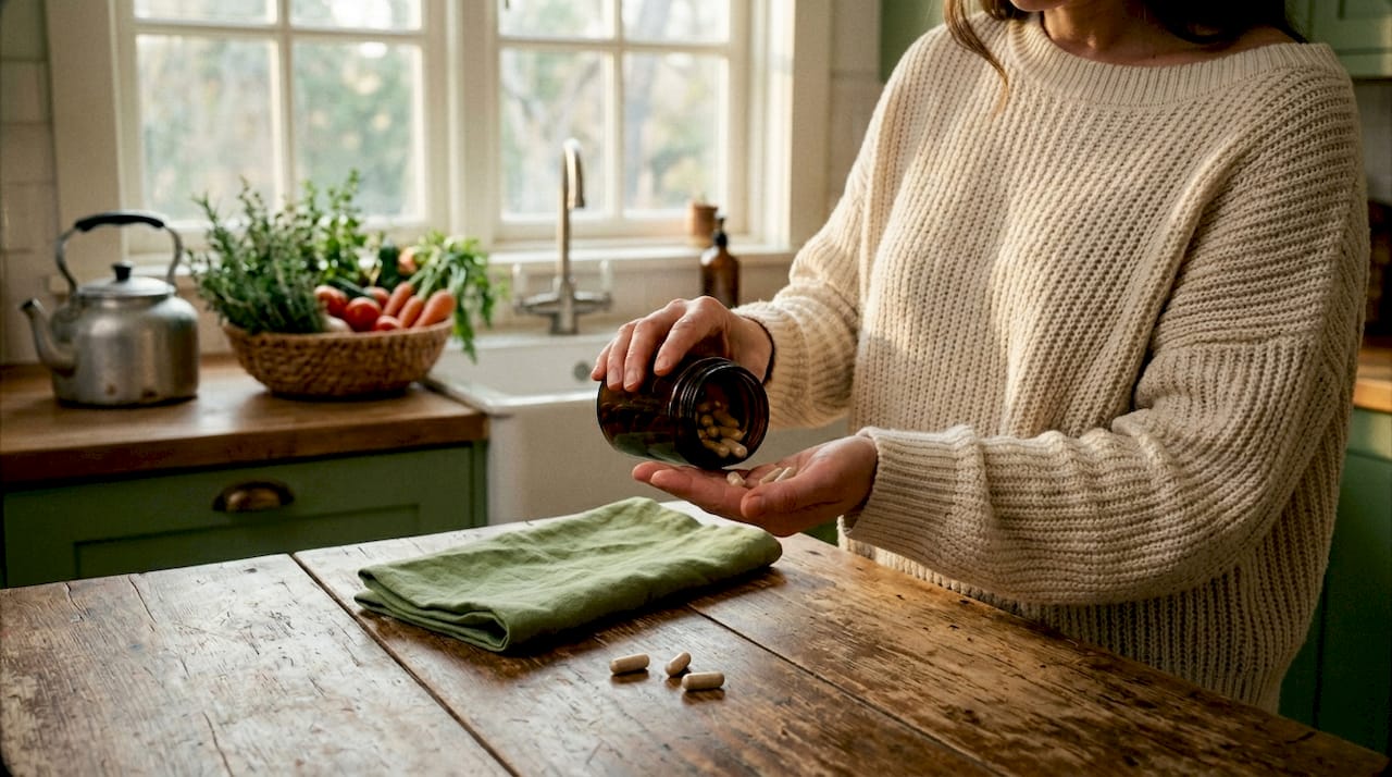 Woman taking mushroom supplements in home kitchen