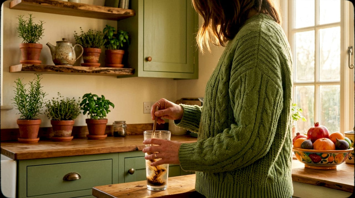 Woman mixing mushroom extract in sunlit kitchen