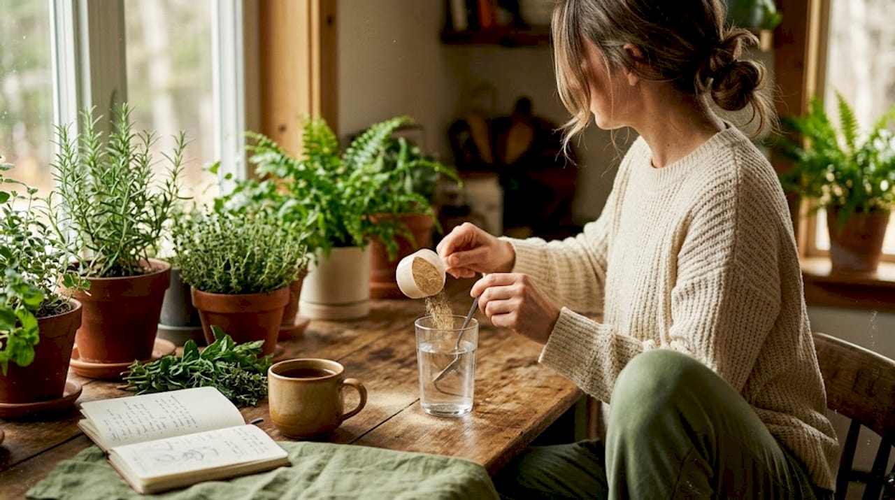 Morning mushroom supplement routine in home kitchen