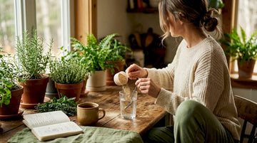 Morning mushroom supplement routine in home kitchen