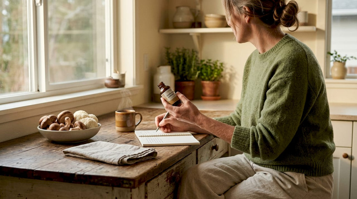 Woman choosing mushroom supplement at kitchen table