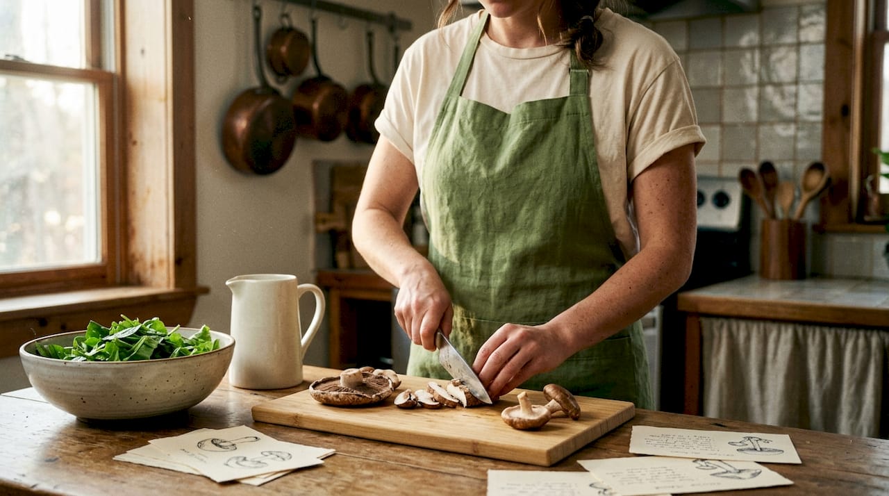 Woman preparing mushrooms for healthy meal