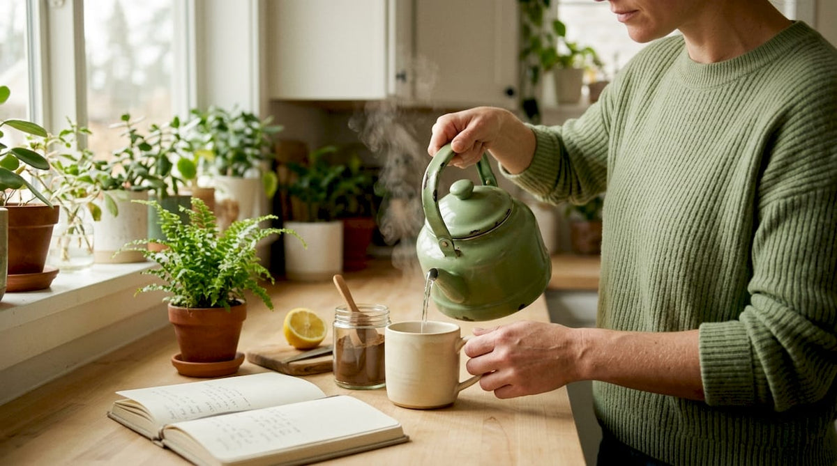 Woman making mushroom supplement in bright kitchen