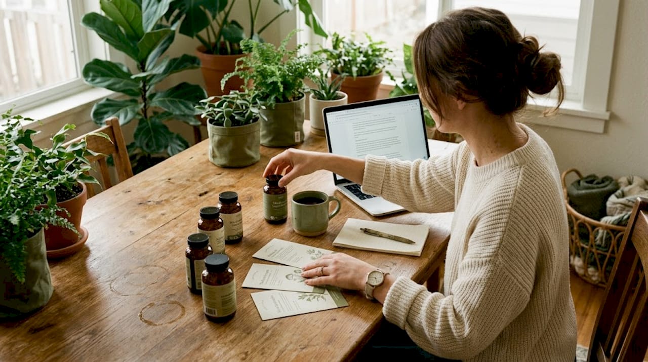 Woman evaluating mushroom supplements at home
