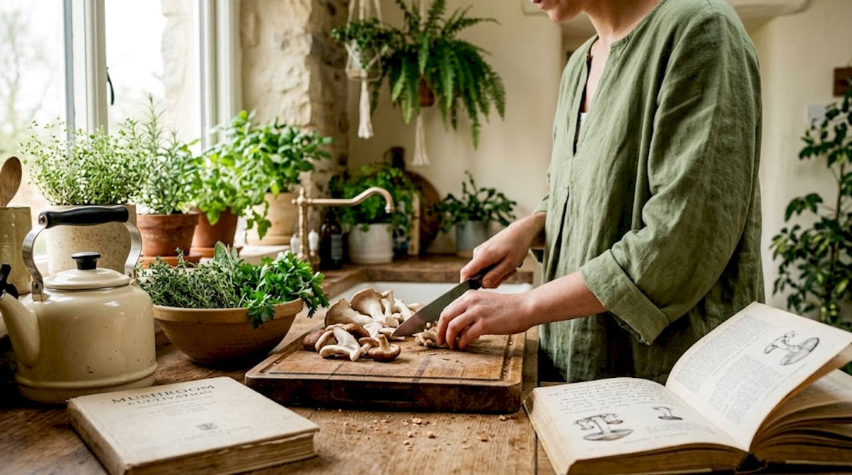Home cook prepares fresh mushrooms at kitchen counter