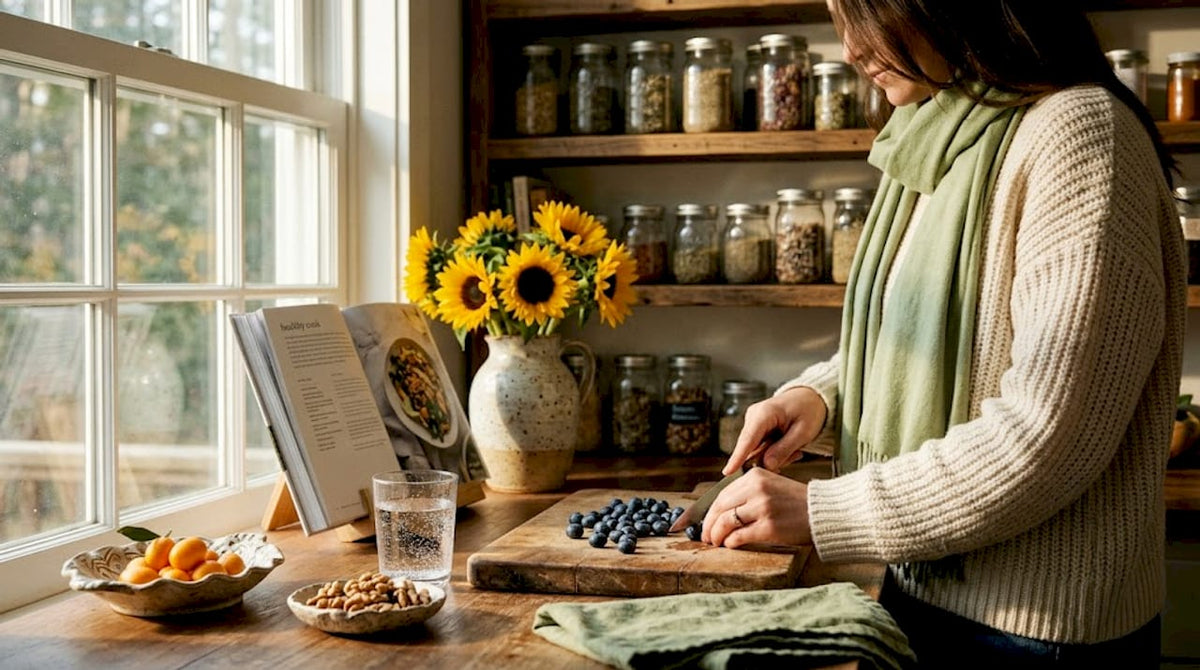 Woman preparing brain-healthy breakfast in kitchen