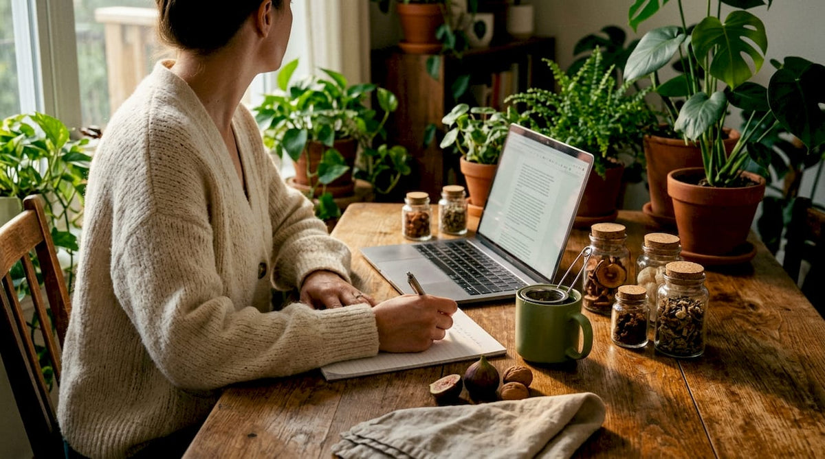 Woman researching mushrooms at kitchen island