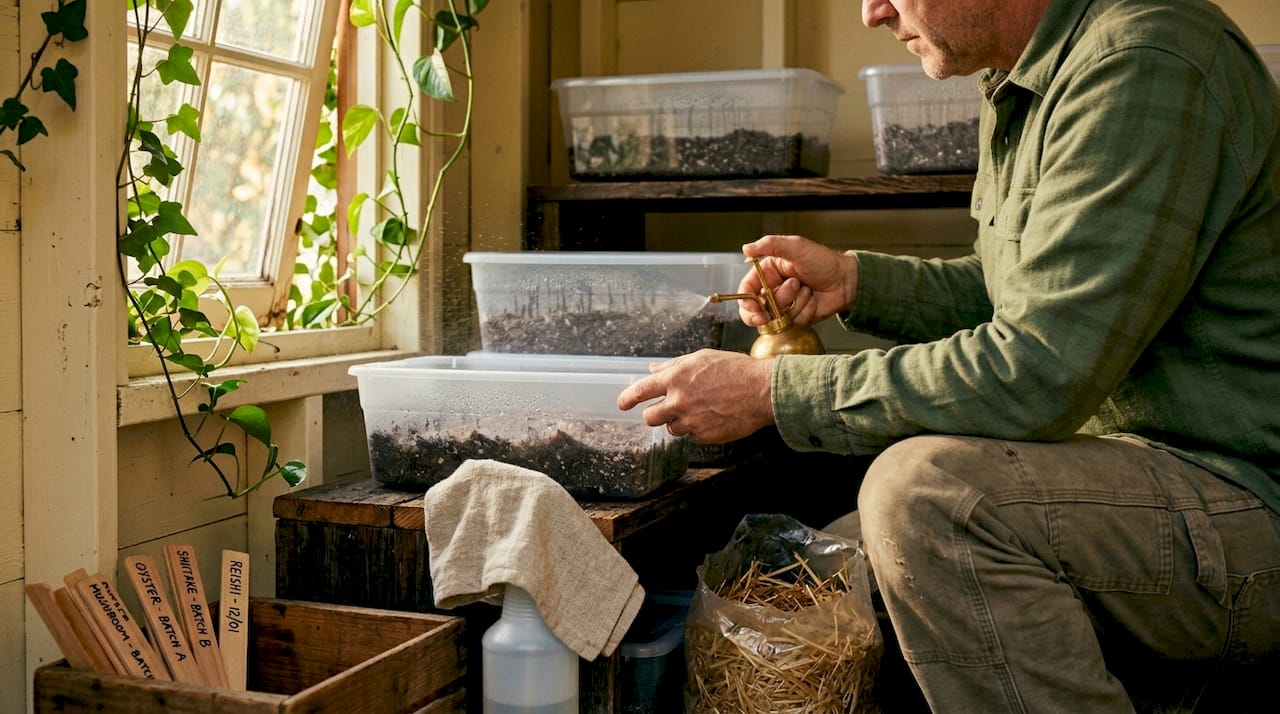 Man tending mushroom bins in home garage farm