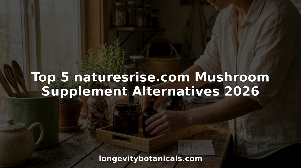Collection of mushroom supplement bottles on kitchen counter