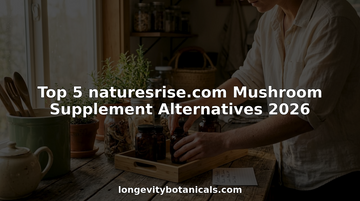 Collection of mushroom supplement bottles on kitchen counter