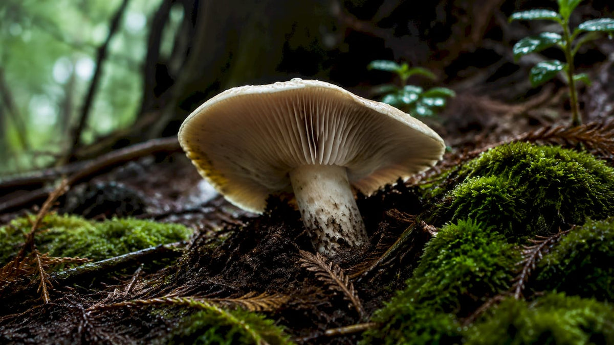Close-up of mushroom fruiting body in forest