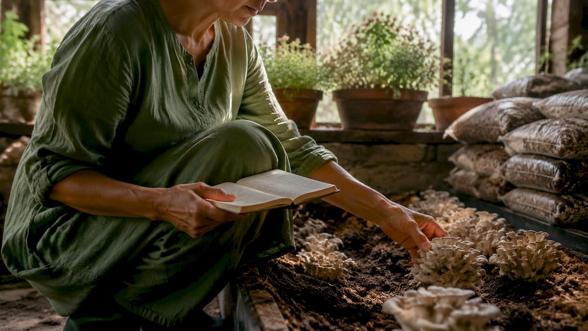 Woman inspecting organic mushroom cultivation
