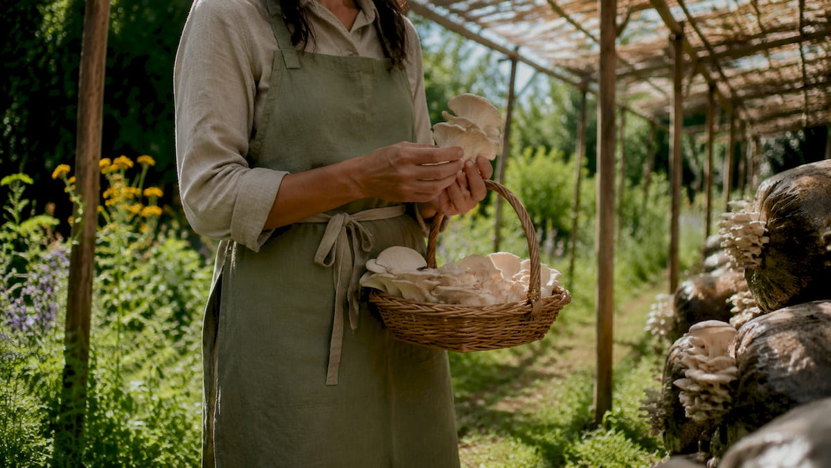 Farmer inspecting sustainable mushroom cultivation