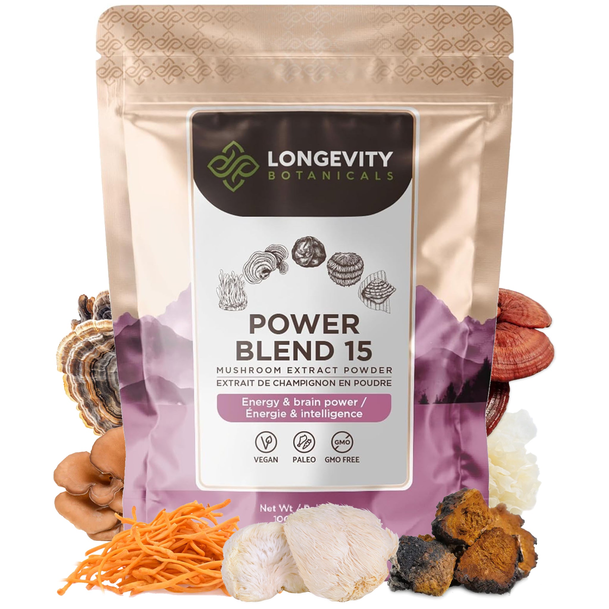 Power Blend 15 Mushroom Extract Powder (100 Grams) - Complete Body & Mind Support - LongevityBotanicals Mushrooms